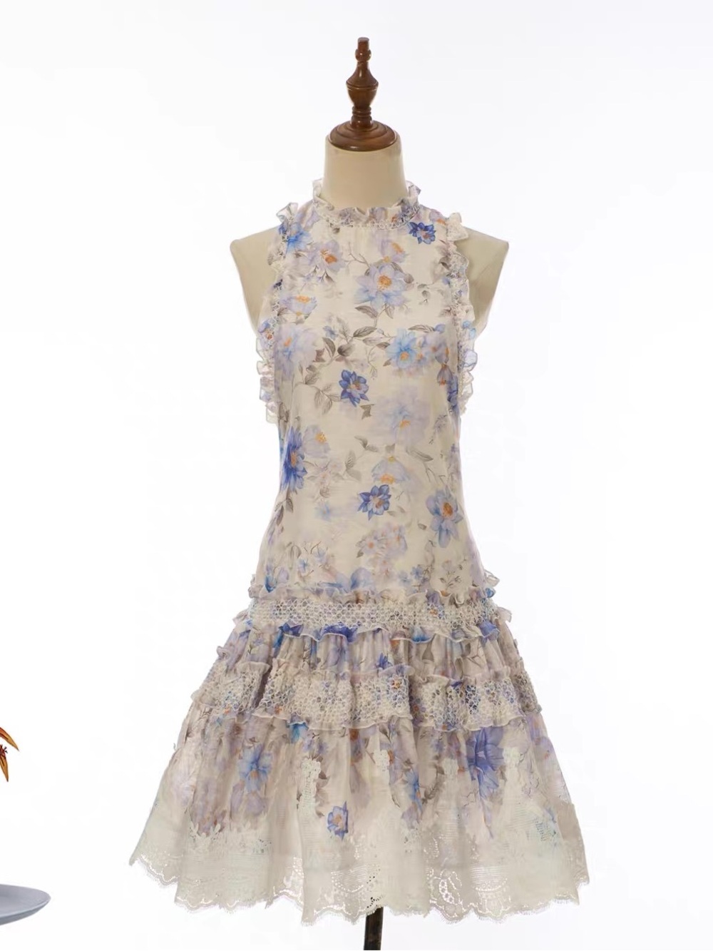 Designer-style Sleeveless Floral Ruffle Mini Dress in Ivory and Light Blue
